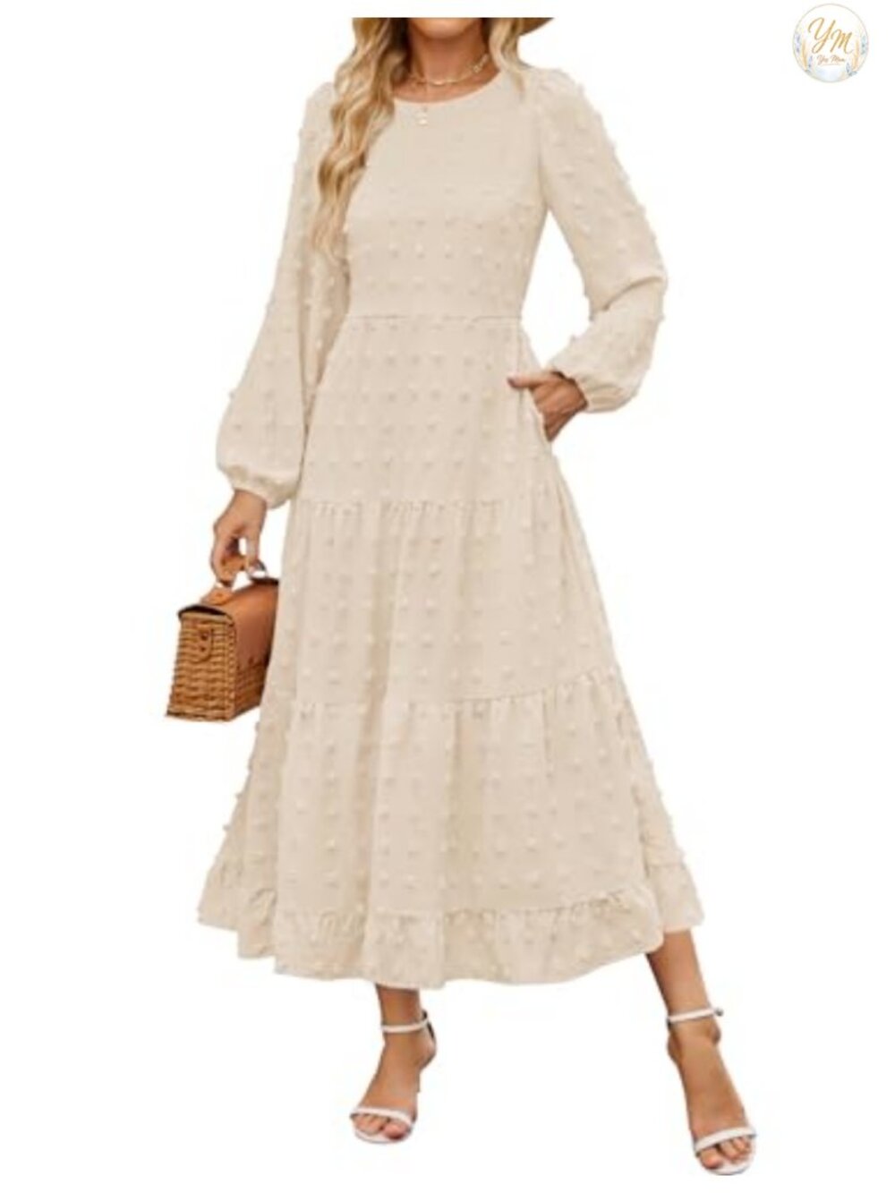 Long Sleeve Swiss Dot Maxi Dress Wedding Guest A-Line Tiered Boho Puff Sleeve